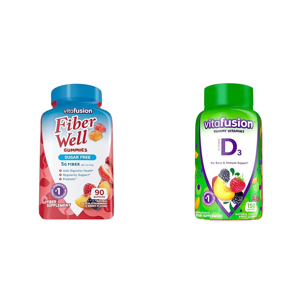 Vitafused Fiber Well Sugar Free Fiber Suplement & Vitamin D3 Gummy Vitamin for Bone and Immune System Support, Peach, Blackberry dan Strawberry Flavored, 50 mcg Vitamin D, 75 Day Count
