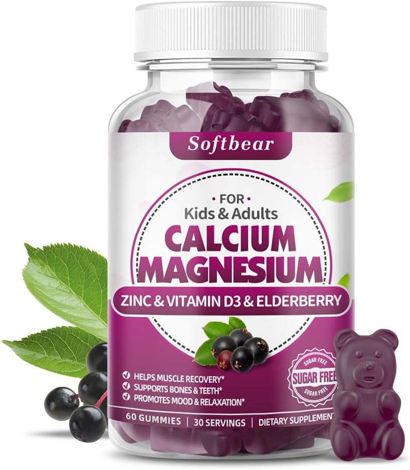 Sumbu Kalsium Magnesium Zinc untuk Perempuan, Absorpsi Tinggi Kalsium Magnesium Tambahan untuk Kekuatan Tulang, Sugarsium-Bebas, Vegan, Elderberry Flavor 60 Gummies