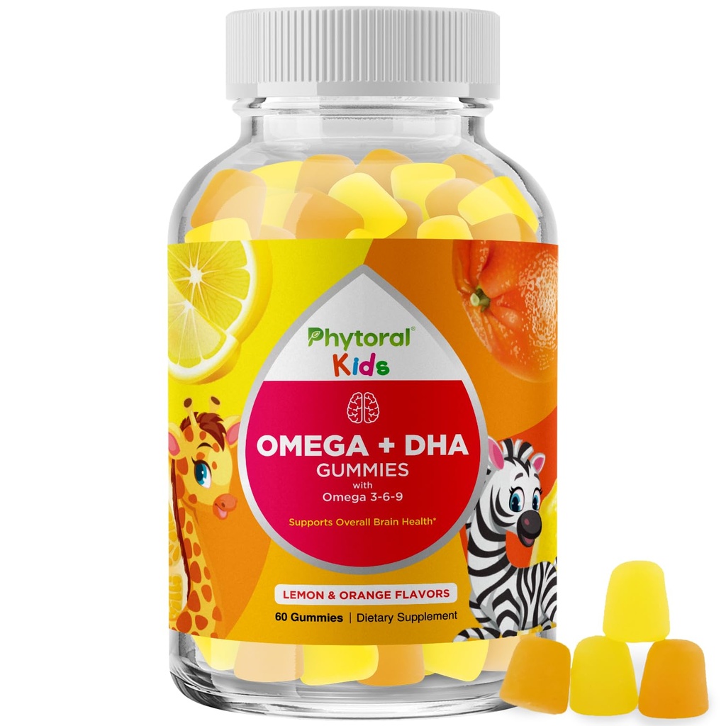Anak-anak Omega dan DHA Gummies - Fatty Acids Omega 3 6 9 dengan Vitamin C for Vision - Nutonationary DHA untuk Anak-anak untuk Sistem Gugup Kesehatan & Fokus Dukungan - Fish Free - 60 Count