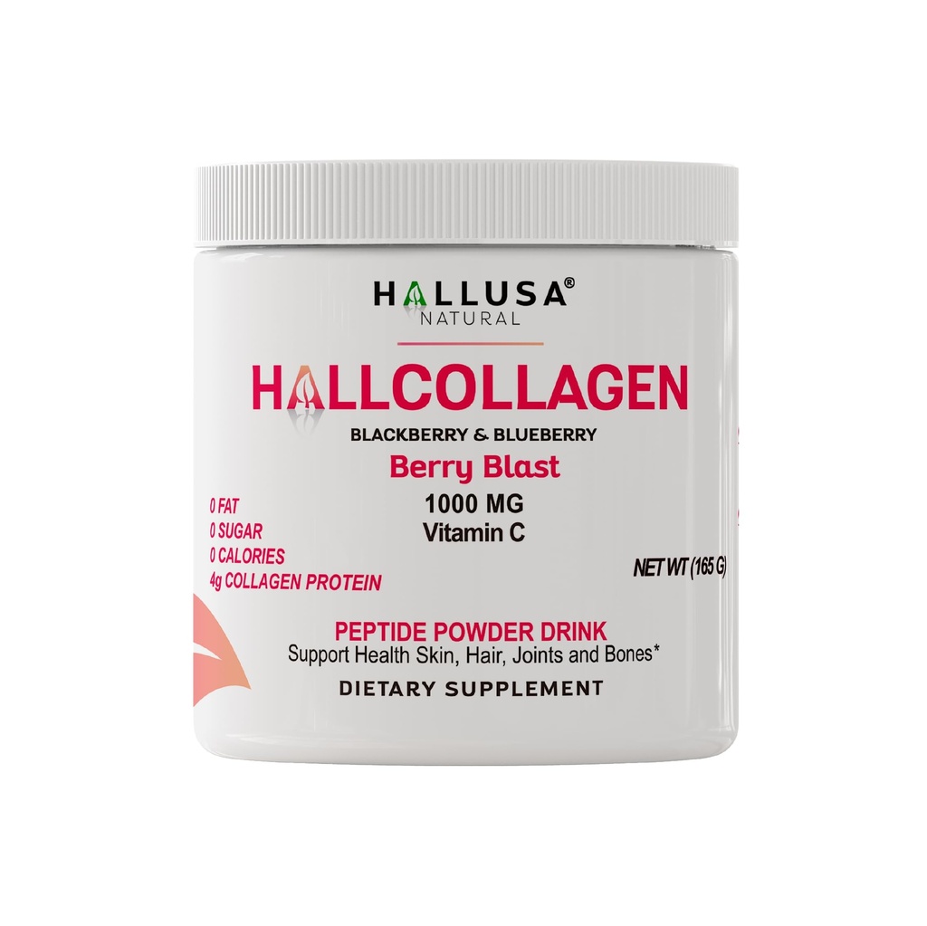 Hallusa Natural Hydrolyzed Collagen Peptides Powder 10000mg with Vitamin C 144; BlackBerry & Blueberry Flavor 124; 4g Collagen per Serving 124; Heally Hair, Skin, Nails, Bone & Joint Support