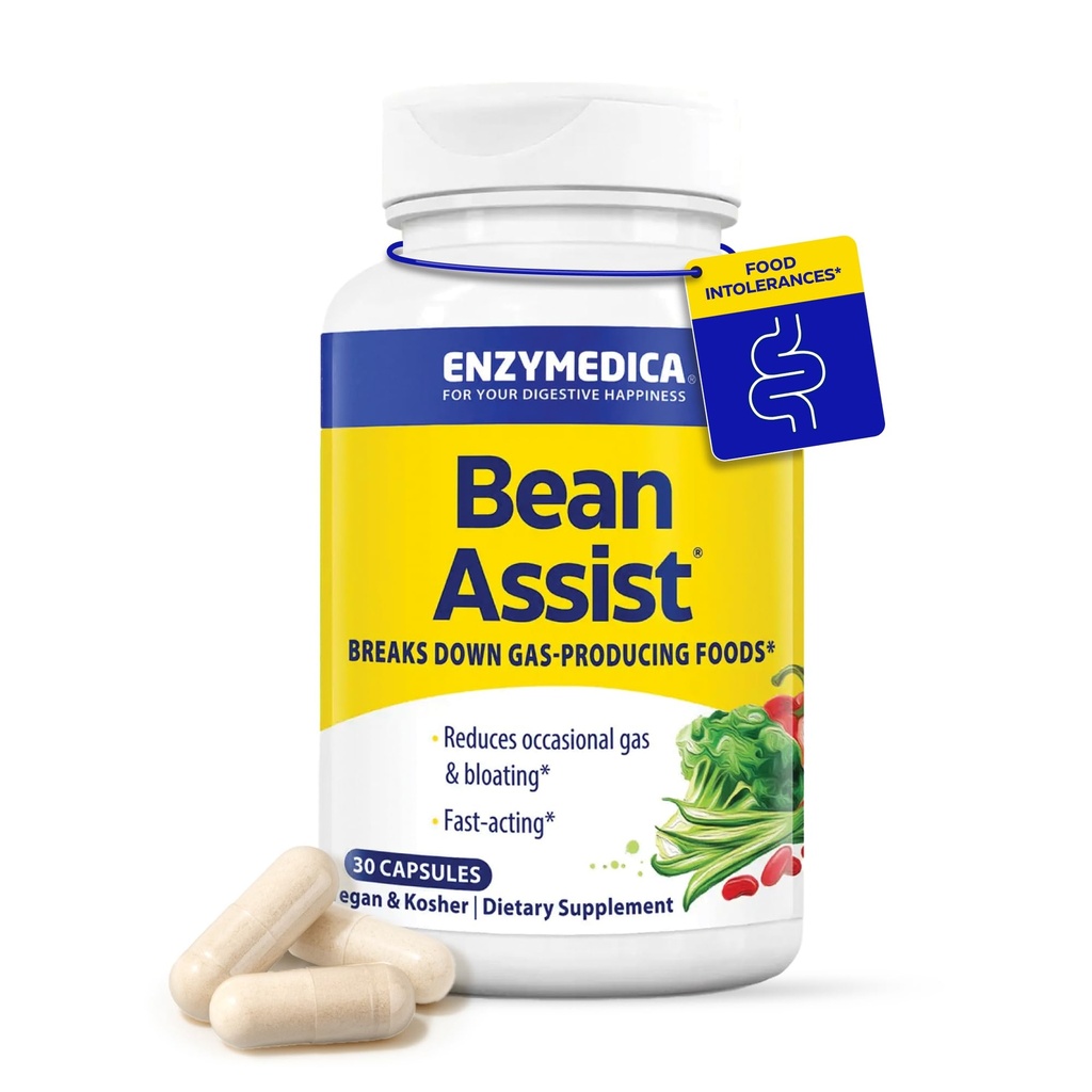 Enzymedica, BeanAssist, Alpha Galactosidase Enzyme for Digetical Duces Occational Gas & Bloating from Beans, Brokoli & Legumes, Digeptical Enzymes for Women & Men, 30 Count