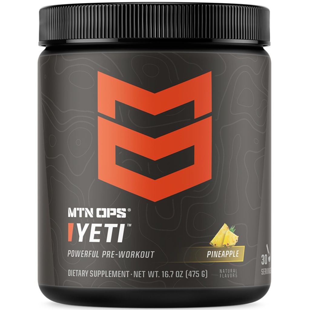 MTN OPS Yeti Pre- Workout Powder Energy Drink with Creatine, 200mg Caffeine & BCAAs with Beta Alanine, 30- Serving Tub, Pineapple Crush