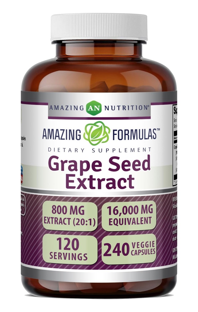 Amazing Formulas Grape Seed 800 Mg Extract (20: 1): 124; 16000 Mg Equivalen 124; Veggie Capsules 12.4; Non-GMO 124; Gluten- Free 124; Dibuat di USA (240 Count)
