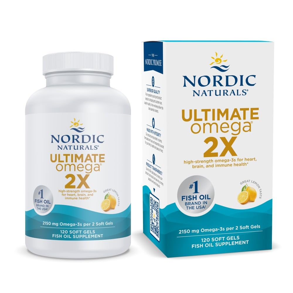 Originals Nordic Ultimate Omega 2X, Lemon Flavor - 120 Soft Gels - 2150 mg Omega-3 - Tinggi - Potency Minyak Ikan dengan EPA & DHA - Proote Brain & Heart Health - Non-GMO - 60 Servings