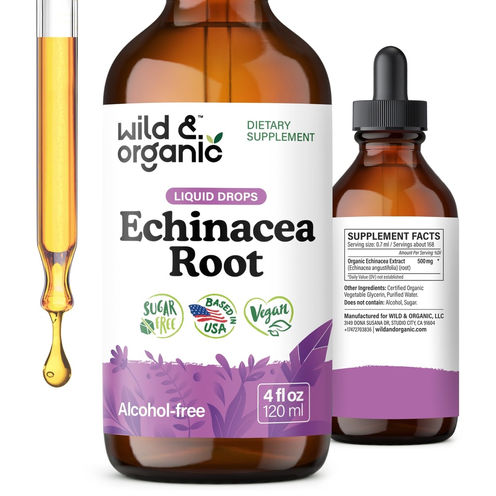 Wild & Organic Echinacea Drops - Imune Suplemen Dukungan dengan Echinacea Angustifolia - Pound Pound Extract Tincture - Vegan, Sugar & Alcohol- Free - 4 fl oz