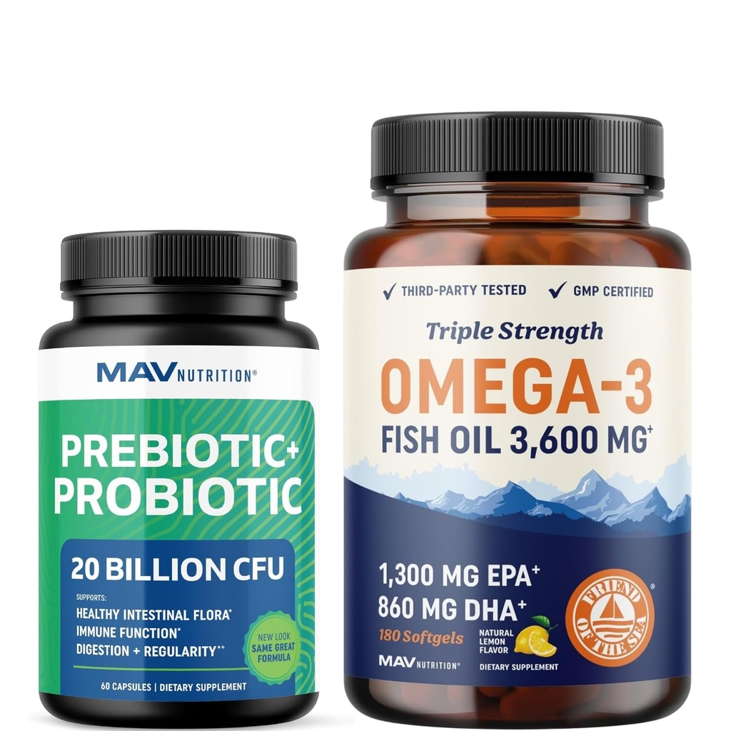 Omega 3 Fish Oil dan Probiotic Capsules 124; Triple Power EPA & DHA Omega 3 Burpless Softgels Plus Probiotic & Prebiotic Capsules for Gut Health & Imune Dukungan 124; 60