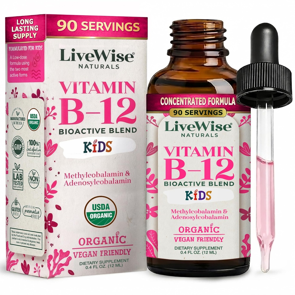 Livewise Izals Vitamin B12 Liquid Drops for Kids 124; Toddlers and Children I Methylcobalamin dan Adenosylcobalamin 124min; USDA Organik I Vegan 124; Nor-GMO 124; Gluten Free 124; Low Dose