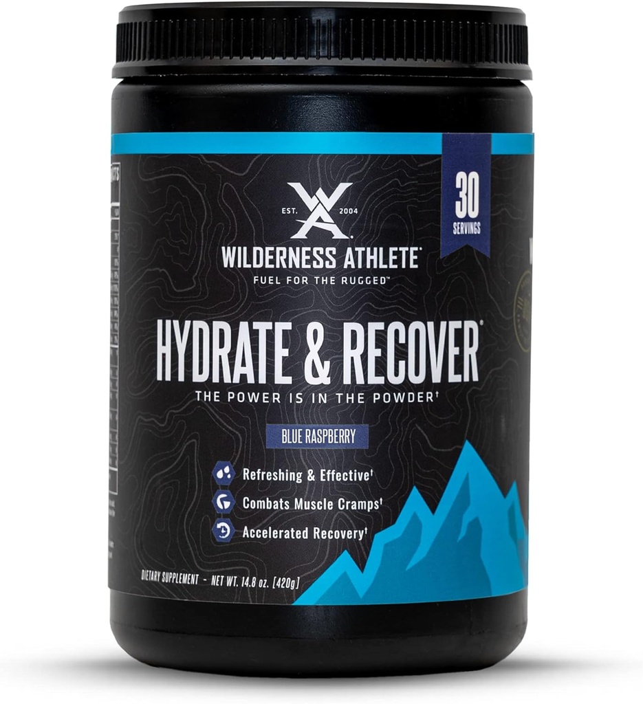 Wilderness Athlete - Hydrate & Reciver 124; Liquid Hidration Powder Electrolite Drink Mix - Recover Lebih cepat dengan Bcaas - Powder Hydrate dengan 100mg Vitamin C - 30 Serving Tub (Blue Raspberry)