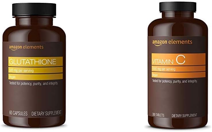 Elemen Glutathione, 500mg, 60 Kapsul, 2 Bulan Supply & Vitamin C 100mg, Vegan, 300 Tablet, 10 Pasokan Bulan