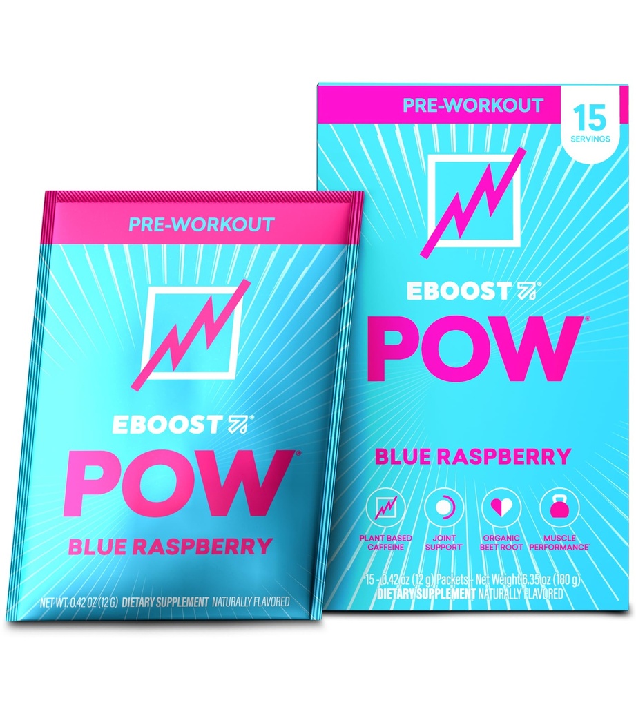 EBOOST POW Natural Pre Workout Powder - 15 Paket, Blue Raspberry - Pretraining Energy Booster Suplemen Minum Mix untuk Pria dan Wanita - Performance, Joint Mobility Dukungan - Gluten-Free