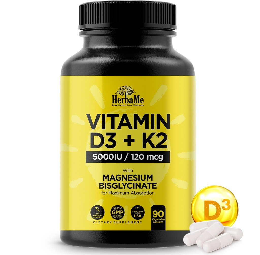 Vitamin D3 5000 IU + K2 dengan Magnesium Bisglycinate untuk Max Absorpsi 124; 90 Capsules 124; Imune Dukungan: 124; Promotes Heart, Bone and Muscle Health