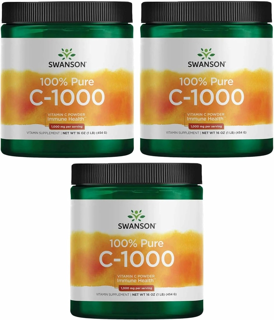 Swanson Vitamin C Powder 100% Pure Acibic Acid, Immune System Support, Skin Health, Cardiovascular Health, Antioksidant Suplemen 1000 mg (per Serving) 1 lb. 454 g (3 Pack)