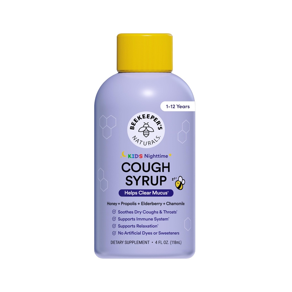 Beekeeper Propolis Cough Syrup malam hari untuk Anak Imune Dukungan dengan Propolis, Elderberry & Raw Honey - Tidur Dukungan dengan Chamomile & L- Theanine - Gluten Bebas, 4 oz.