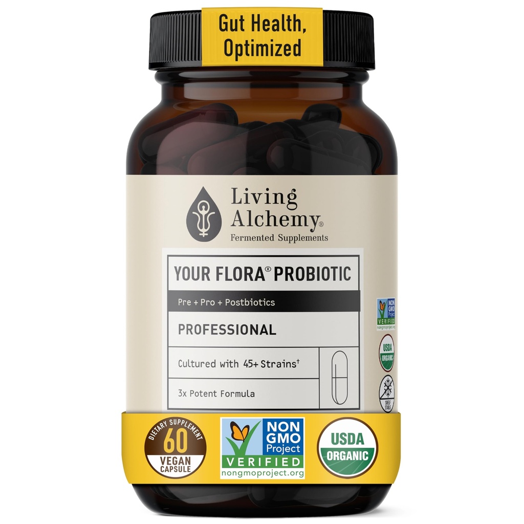 Living Alchemy Gut Health Suplemen Kesehatan Pria & Women - Anda Flora Probiotic Probiotic Distration Suplement with Ferated Soybean, Pregories, Digetical Enzyme - Vegan, Non-GMO, 60 Pcs