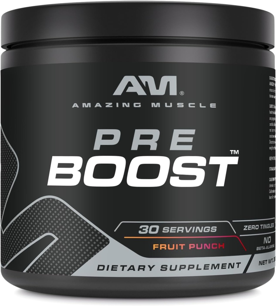 Amazing Muscle Pre Boost = 124; 30 Servis = = 124; 324 Grams = = 124; Pre-Workout Suppplemen; Fruit Flavor 124; Made in USA