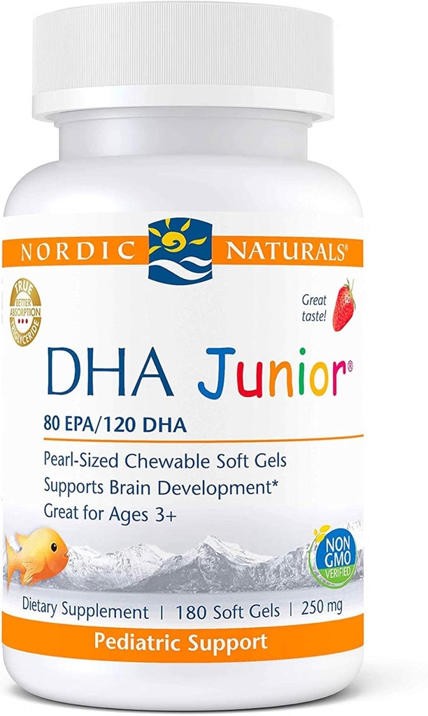 Nordic Averal Pro DHA Junior, Strawberry - 180 Mini Chewable Soft Gels - 250 mg Total Omega-3 dengan EPA & DHA - Pembangunan Otak & Fungsi Visual - Non-GMO - 45