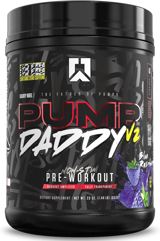 RYSE Pompa Daddy V2 Pra Workout Powder - Noel Deyzel Signature - Blue Raspberry - Non-Stem Suplemen dengan Citrulline, Creatine dan Beta Alanine untuk Pumps, Endurance and Power - 40