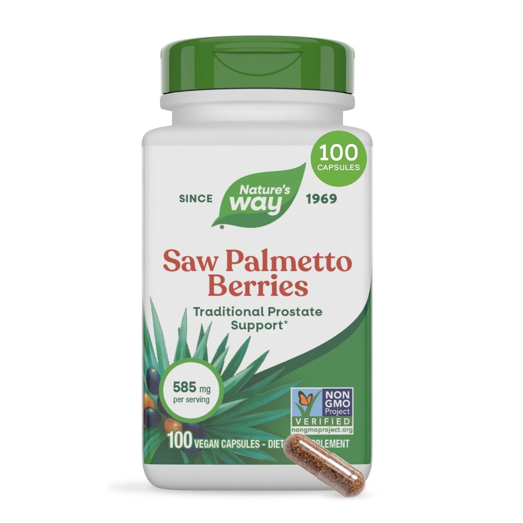 Nature 's Way Saw Palmetto Berries, Tradisional Prostat Support *, 585 mg per layanan, Proyek Non-GMO Verified, Vegan, 100 Capsules (Packing May Vary)