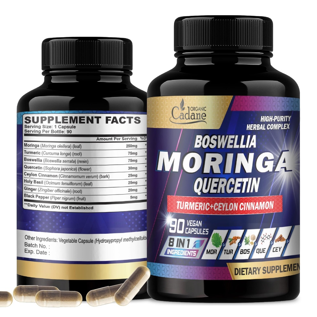 Organik Cadane Moringa Leaf dengan Turmeric, Boswellia, Quercetin, Cinnamon Ceylon, Basil Kudus, Ginger, dan Pepper Hitam - Suplemen 8in1 - 90 Veggie Capsules untuk 3 - Bulan Supply