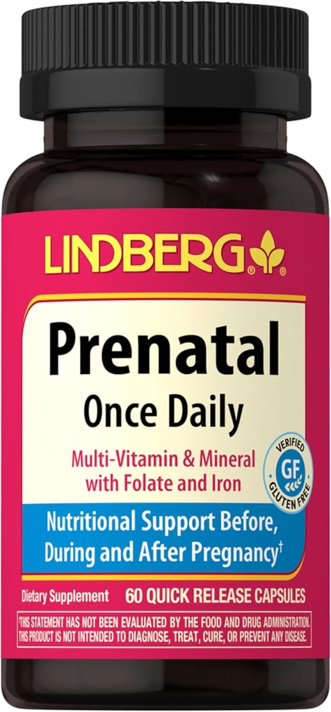 Lindberg Prenatal Vitamin for Women 124; 60 Capsules 124; Multivitamin dan Mineral with Iron and Folic Acid 124; Daily Supplemen 12.4; Non-GMO, Gluten Free