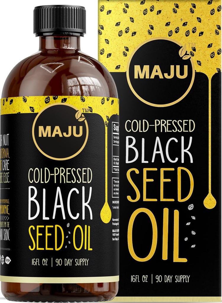 MAJU 'S Black Cumin Nitiva Oil 16oz: 3X Thymoquinone, Cold Pressed, 100% Turkish Black Cumin Nitiva Seed Oil (Lebih Baik Dari Organik), Non- GMO, 100% Liquid Minyak Blackseed Murni, Botol Kaca