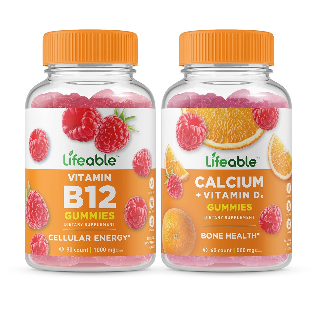 Lifeable Vitamin B12 + Calcium with Vitamin D, Gummies Bundle - Great Tasting, Vitamin Suplemen, Gluten Free, GMO Bebas, Chewable