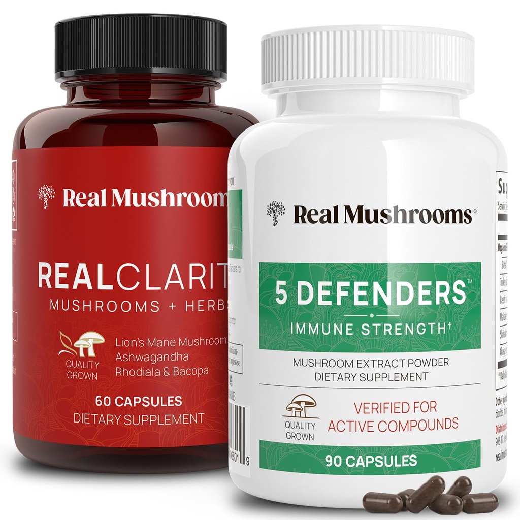Jamur Real Reality (60ct) dan 5 Defenders (90ct) Capsules Bundle - Mushroom Suplemen untuk Kejelasan Mental, Fokus & Kekuatan- Vegan, Non- GMO, Diverifikasi Levels Beta- Gchales