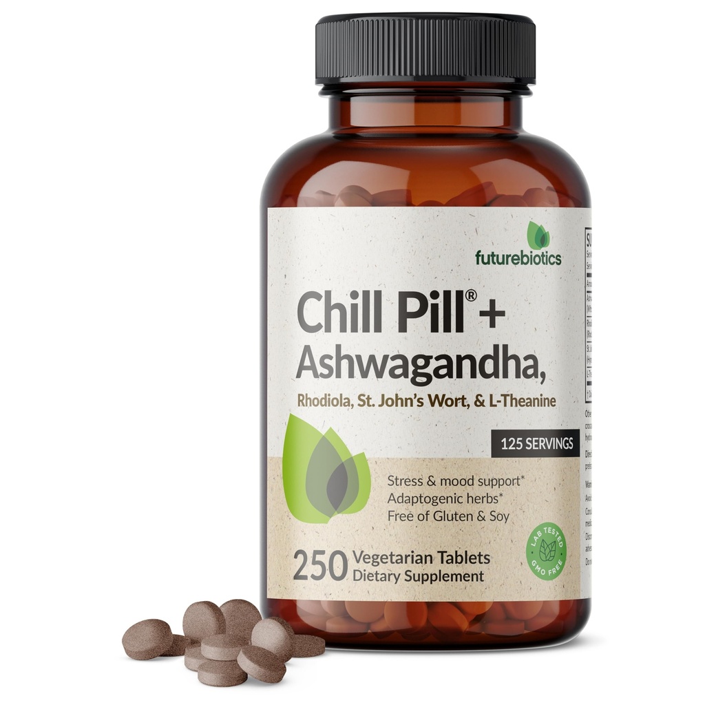 Futuregrance Chill Pill + Ashwagandha, Rhodiola, St. John 's Welt, & L-Theanine - Non-GMO, 250 tablet Vegetarian