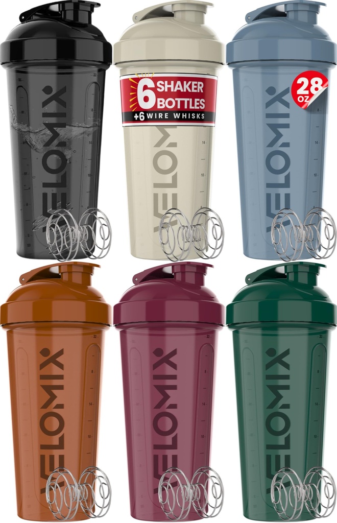 VELOMIX -6 PACK - 28 oz Protein Staker Bottle for Protein Mixes - 6x Wire Whisky 124; Leak Proprice Shaker Cups for Protein Shakes 124; Protein Botol Pack 124; Protein Shake Cup (Piala Bola Bumi)