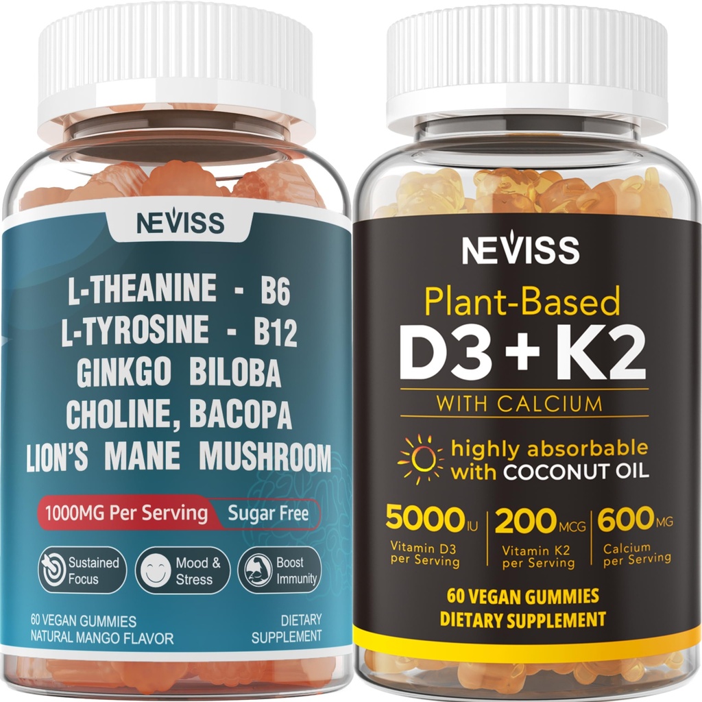 NEVISS Sugar Free L-Tyrosine L- Theanine Gummies 120 Counts + Sugar Free D3 5000IU K2 Gummies 120 Counts