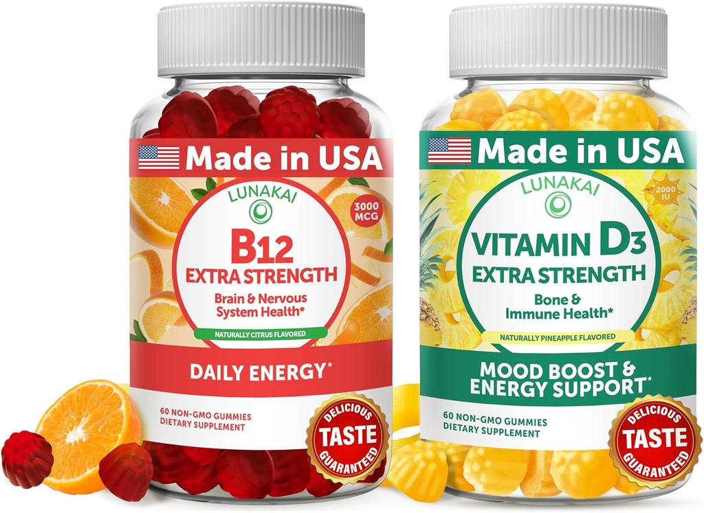 Lunakai Vitamin B12 dan Vitamin D3 Gummies Bundle - 3000 mcg B12 dan 25 mcg 1000 UI V3 - Gluten Bebas, tidak ada Torn Syrup, Organik, Non-GMO, Tanaman berbasis Gelatin Free
