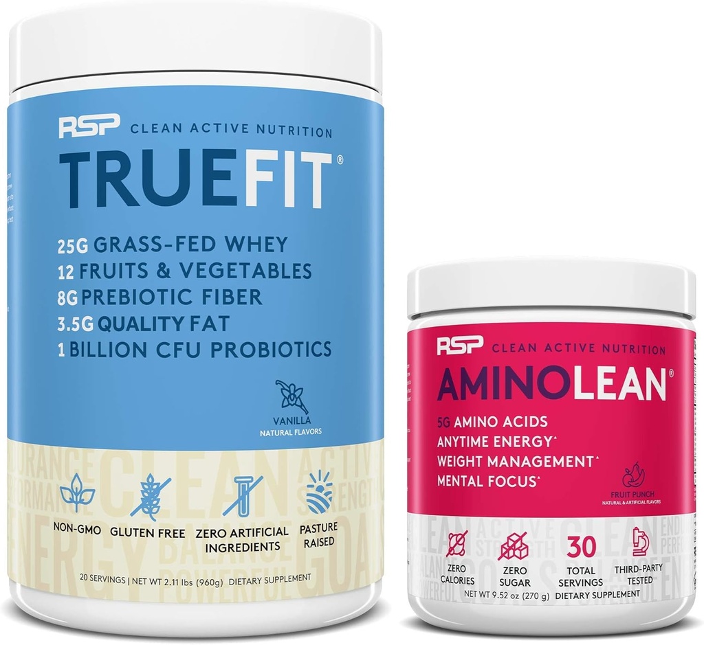 RSP NUTRITITSI Aminolean Pre Workout Energy (Fruit Punch 30 Servings) dengan TrueFit Protein Powder (Vanilla 2 LB)