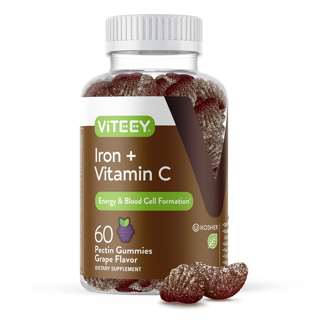 Viteey Iron Gummies - Besi dengan Vitamin C - Energi, Bood Dukungan dan Tambahan Anemia untuk Perempuan & Pria - Vegan, Gluten Bebas - 60 Cacah