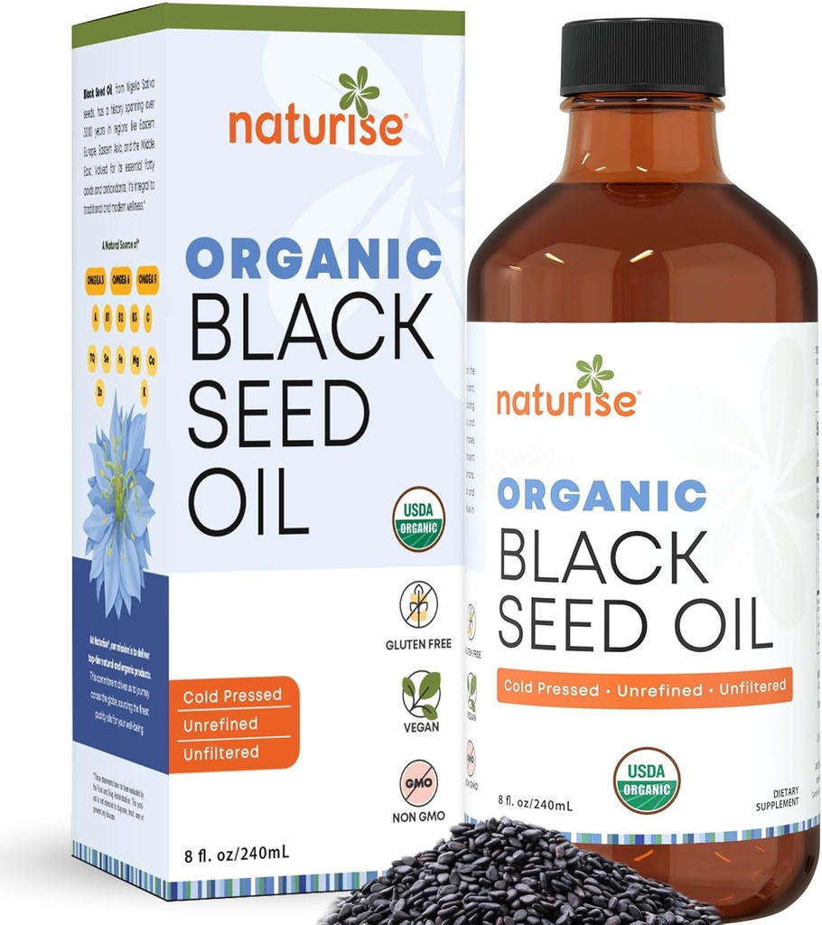 Minyak Benih Hitam Organik (Nigella Sativa, Cumin) Benih Dingin Menekan Non- GMO, 8 Oz Glass Bottle Source of Esculty Acids, Omega 3 6 9 '