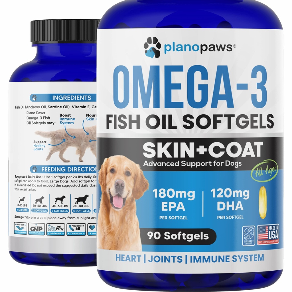 Omega 3 Minyak Ikan untuk Anjing - Salmon Oil untuk Anjing - Tambahan Ikan Anjing Dapat membantu Shedding, Allergy, Itch Relief - Pendukung Kering Skin, Joints - Dog Skin dan Coat Supplemen - 90 Fish Oil Pil EPA DHA