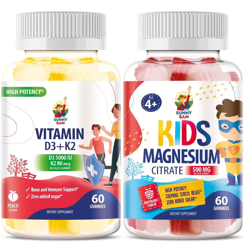 Gummies Magnesium untuk Anak-anak & Vitamin D3 K2 Gummies 5000 IU - Imuniune & Bone Dukungan - Sugar-Free Vitamin D Gummy Suplemen - Tinggi-Diasorpsi, Vegan, Gluten- Free Gummies untuk Dewasa