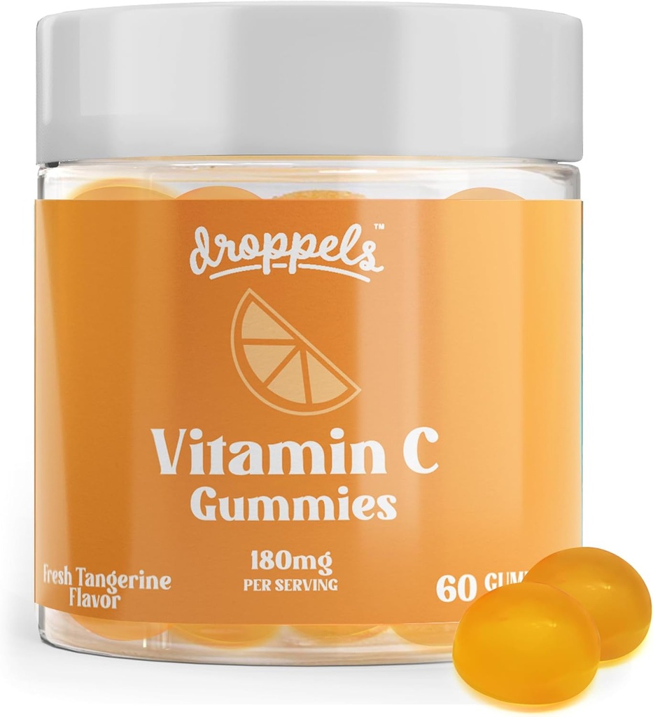 Droppels Vitamin C Gummies, 180mg - Vegan, Pectin Plant - Based Ammune Supplemen Booster - Tangerine Flavor, 60 Count (Persediaan 1 Bulan)