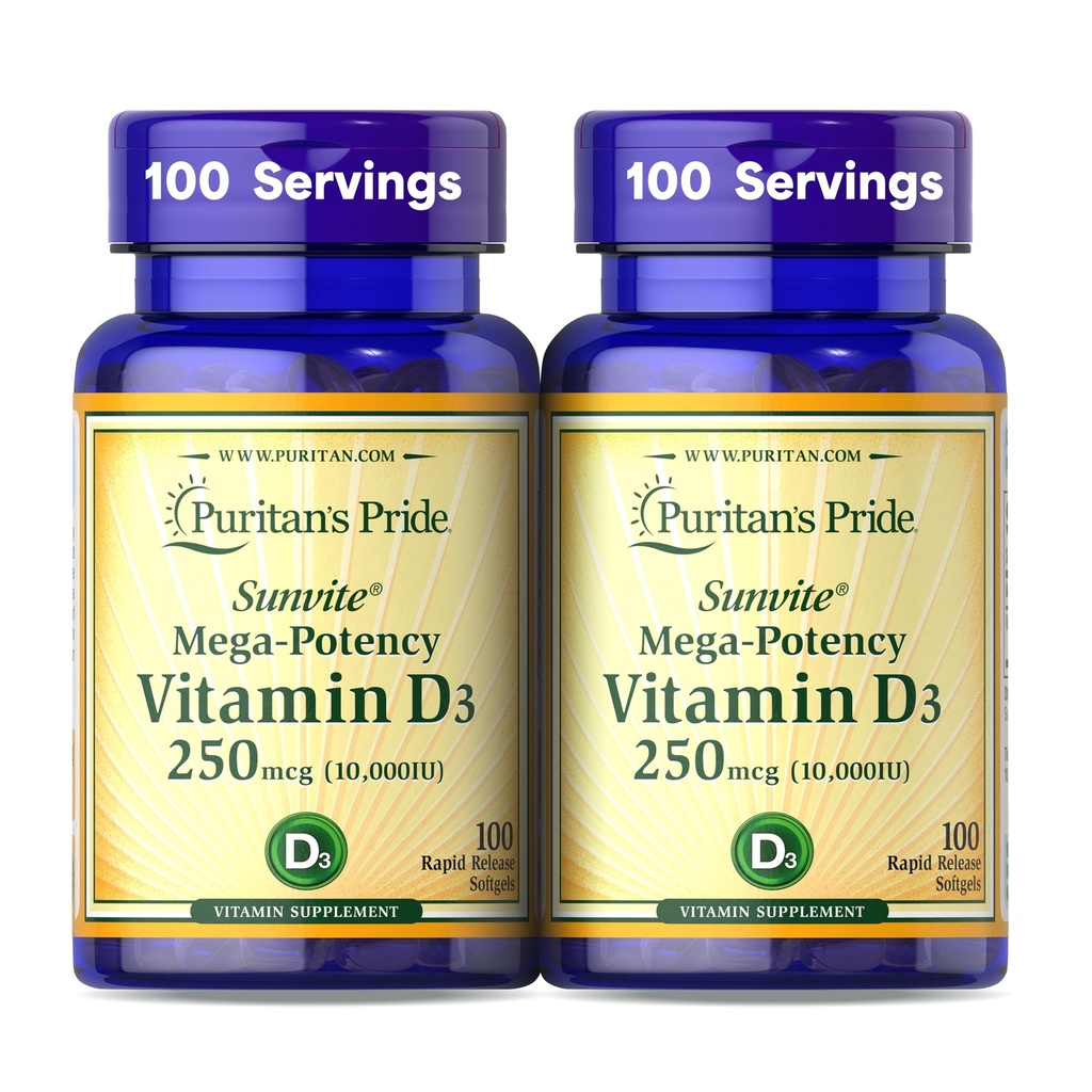 Puritan 's Pride Premium Sunvite ♪ Mega- Potency Vitamin D3 10.000 IU, Dietary Suplemen untuk Healleal Bones, Teeth, and Imune System Dupport, 100 Rapid Rapid Lepaskan Softgels