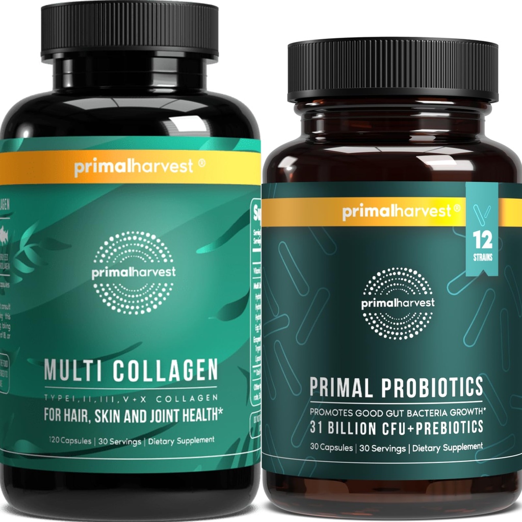 Provinsi Primal Harvest & Multi Collagen Suplemen untuk Perempuan dan Pria Pre dan Progres Dengan 31 Milyar CFU dan Collagen Peptides Pil Bundle