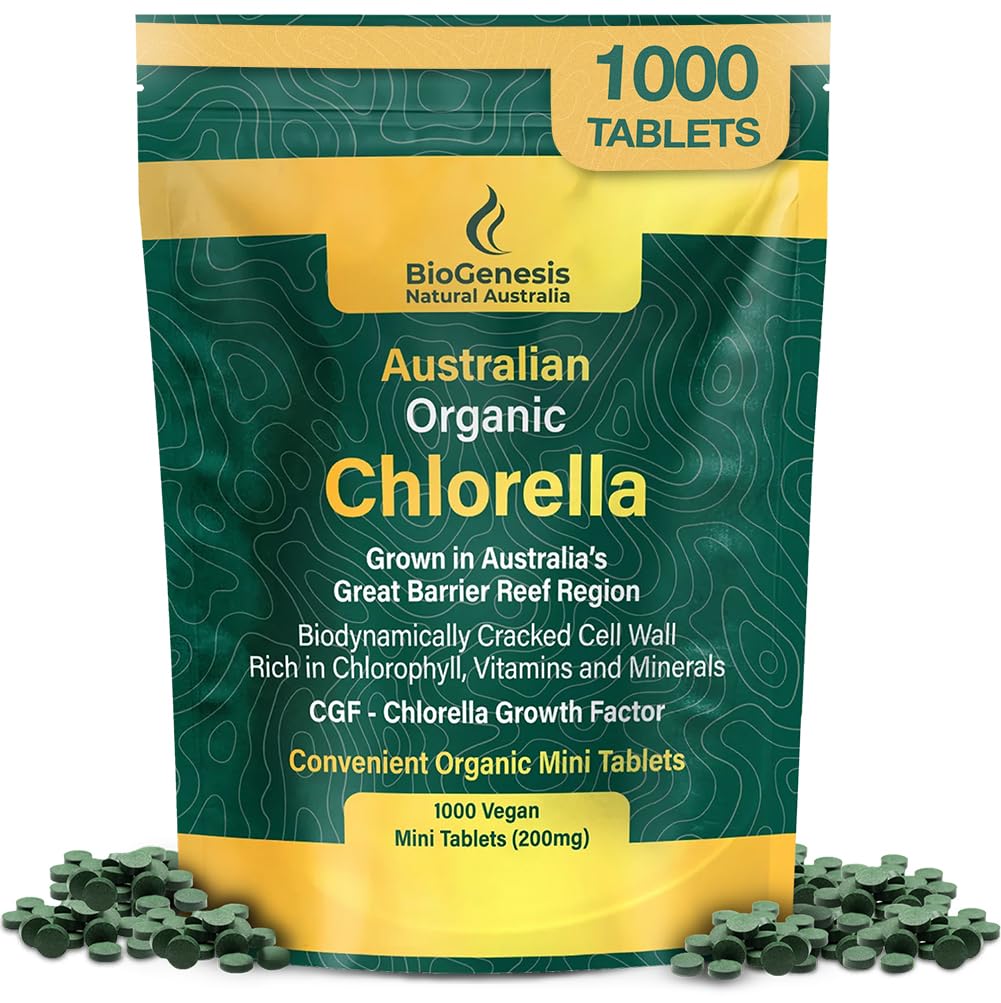 Biogenesis Organik Chlorella Mini Tablet - 1000 Count (200mg) 124; Australia Grown 124; Kaya dalam Chlorophill, Vitamin & Minamins & Minemared 124; Mendukung Energi & Kekebalian 124; Vegan Mini Tablet