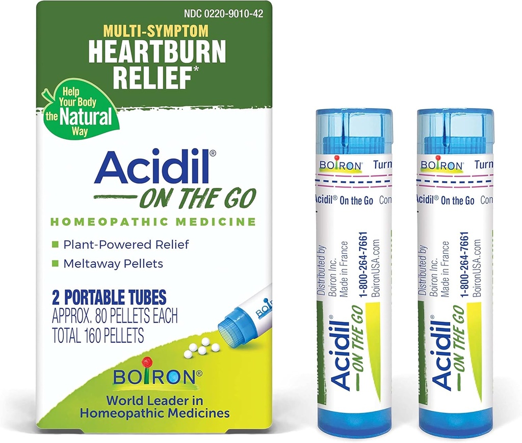 Boiron Acidil On The Go Travel Estile for Relief of Acid Reflux, Heartburn, Inditraffic, Bloating, and Upset Homach - 2 Count (160 Pellets)