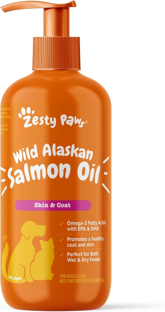 Zesty Paws Wild Alaska Salmon Oil for Dogs and Cats- Skin and Coat Support, Omega 3 Suplemen untuk Pets, 16oz, Pompa Top