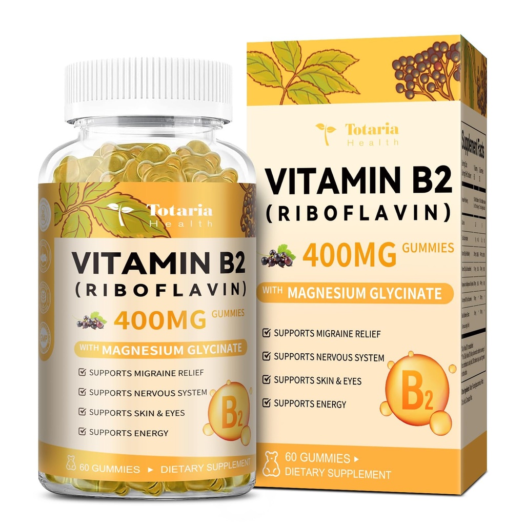 Totaria Vitamin B2 Gummies, Sugar Free Riboflavin 400mg Suplemen untuk orang dewasa & Anak-anak dengan Magnesium Glycinate 400mg, COQ10 & Elderberry, Skin & Gugup System Dukungan, Non-GMO, 60 Gummies