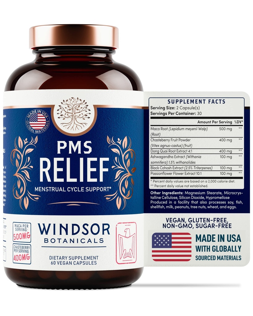 PMS Suplemen Dukungan untuk Perempuan dengan Chasteberry, Maca Root, Ashwagandha - Relief Periode, Pelepasan Bloating for Women, Mood Dukungan, Hormone Balance Herbal Suplemen - 30 Hari, 60 Vegan Capsules