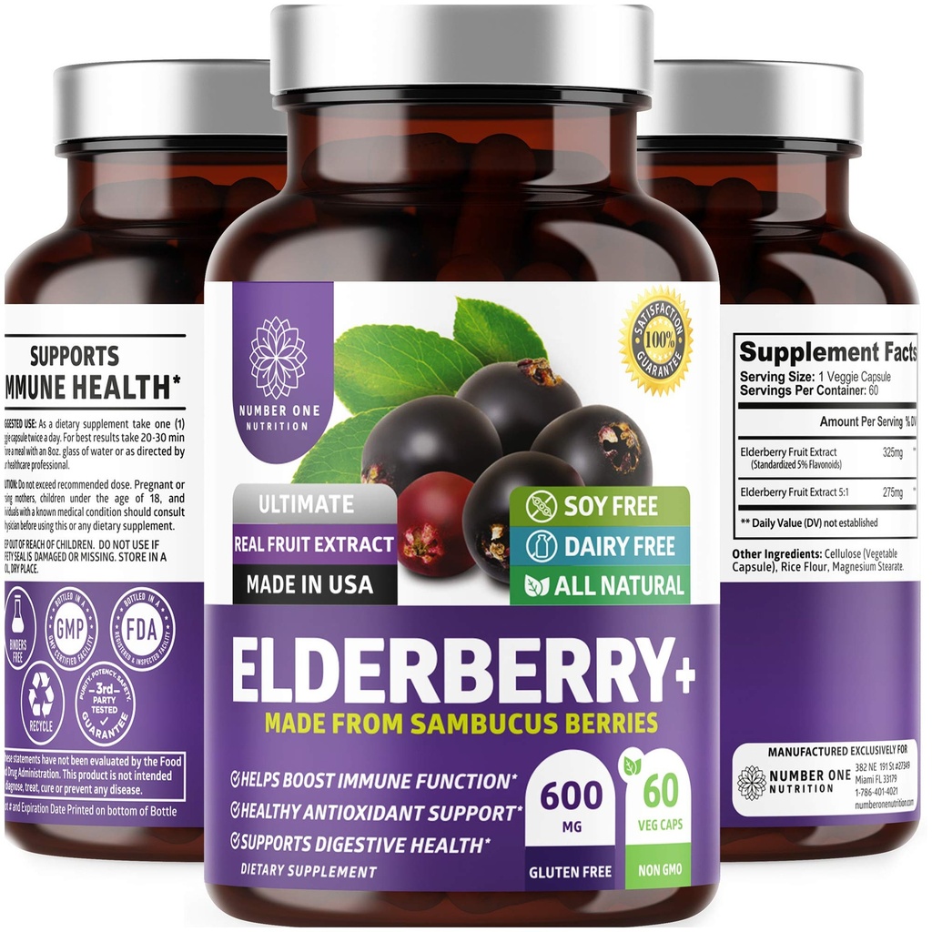 N1N Premium Black Elderberry Capsules for Dewasa [Max Kekuatan] Murni dan Mampu Elderberry dari Sambucus Negro untuk mendukung Imunity & Skin Health, Non-GMO, Gluten Free, 60 Veg Caps