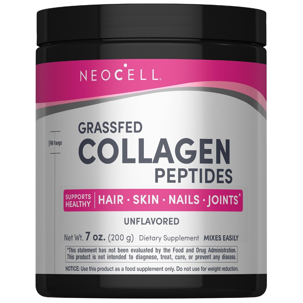 NeoCell Super Collagen Peptides, 10g Collagen Peptides per Serving, Gluten Free, Keto Friendly, Non-GMO, Grass Fed, Heally Hair, Skin, Nails and Joints, Unflamder Unflashed, 7 oz., 1 Canister.