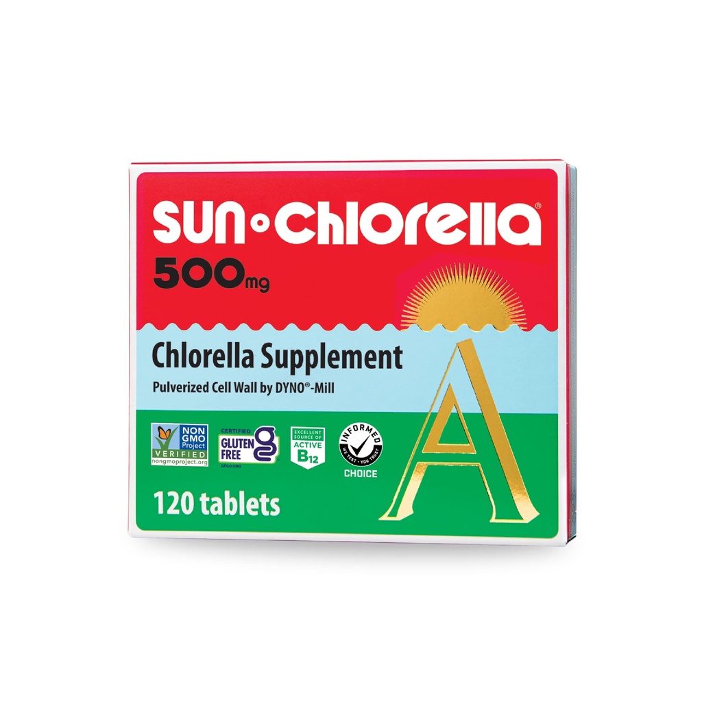 Sun Chlorella 500mg Whole Body Wellness Green Algae Superfood Suffood Suplement - Ammune Defense, Gut Health, Natural Purification, Energy Boost - Chlorofil, B12, Iron, Protein - Non-GMO - 120 Tablet