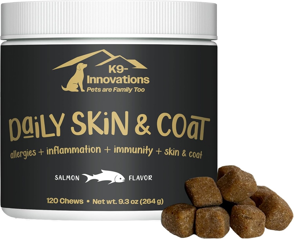 K9-Inovasi - Daily Skin & Coat Dog Chews Salmon Flavor - Reduce Itching & Paw Chewing, Omega 3 & VIT C for Skin Health - 1- 4 Month Suppply (120qty)