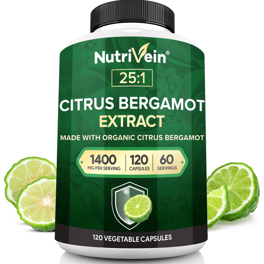 Nutrivein Premium Citrus Bergamot Suplemen 1400mg 25: 1 Ekstraksi Bergamia - 60 Hari Suply (120 Capsules): Kuat Italia Citrus Bergamot 1400 mg + High Concentration System