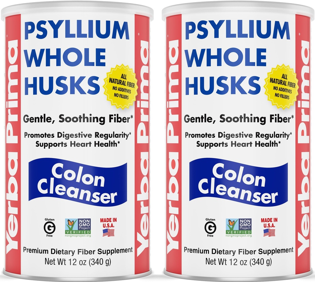 Yerba Prima Psyllium Whole Husks, Colon Cleanser 12 oz (Sebungkus 2) - All Natural Dietary Fiber, Pure Premium Psyllium, Buruh-Tested None-GMO, Gluten- Free Fiber, dibuat di Amerika Serikat